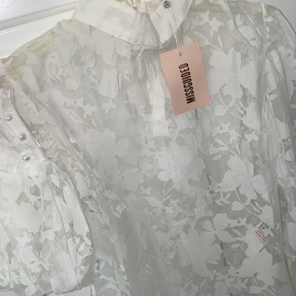 Missguided White Floral Jacquard Organza Puff Sleeve Top